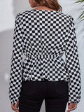 kkboxly  Plaid Lantern Sleeve Blouse, V Neck Long Sleeve Blouse, Elegant & Stylish Tops For Office & Work, Women's Clothing
