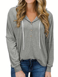 kkboxly  Drawstring Button Front Hoodie, Casual Long Sleeve Hoodies, Women's Clothing