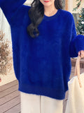 Solid Crew Neck Fleece Pullover Sweater, Casual Long Sleeve Cozy Loose Sweater, Women's Clothing