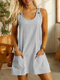 kkboxly  Striped Print Crew Neck Dress, Casual Sleeveless Dress With Pockets, Women's Clothing