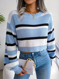 Striped Crew Neck Crop Sweater, Casual Long Sleeve Sweater For Spring & Fall, Women's Clothing