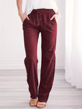 kkboxly  Plus Size Casual Pants, Women's Plus Solid Elastic Drawstring Slight Stretch Straight Leg Pants