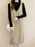 kkboxly  Solid Button Decor V Neck Knitted Dress, Elegant Sleeveless Tank Dress For Fall & Winter, Women's Clothing