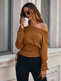 kkboxly  Solid Boat Neck Rib Knit T-shirt, Casual Drawstring Side Long Sleeve Top, Women's Clothing