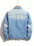 kkboxly  Men's Chic Ripped Denim Jacket, Casual Street Style Patchwork Denim Coat