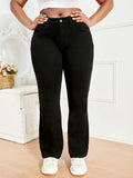 kkboxly  Plus Size Casual Jeans, Women's Plus Solid Button Fly High Rise High Stretch Flared Leg Jeans
