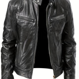 kkboxly  Zipper Pockets PU Jacket, Men's Casual Solid Color Zip Up Stand Collar Faux Leather Jacket For Spring Fall