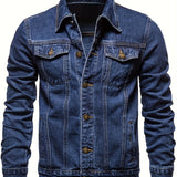 kkboxly  Men's Chic Washed Denim Jacket, Casual Street Style Button Up Contrast Stitching Jacket For Fall Winter
