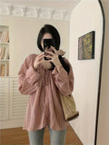 Solid Drawstring V-neck Button Blouse, Sweet Long Sleeve Blouse For Spring & Fall, Women's Clothing