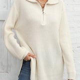 kkboxly  Long Sleeve Half Zip Sweater, Side Slit Casual Sweater For Winter & Fall, Women's Clothing
