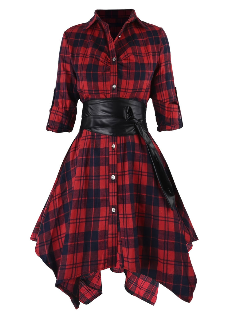 kkboxly  Palid Pu Belted Dress, Casual Button Down Long Sleeve Shirt Dress, Women's Clothing