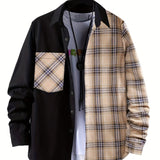 Men's Casual Cotton Stitch Plaid Button Up Shirt With Chest Pocket, Male Clothes For Spring And Fall
