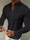kkboxly  Trendy Men's Casual Solid Long Sleeve Shirt With Mandarin Collar Design, Men's Shirt For Summer, Tops For Men, Gift For Men