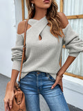 kkboxly  Criss Cross Solid Knit Sweater, Casual Cold Shoulder Long Sleeve Sweater, Women's Clothing