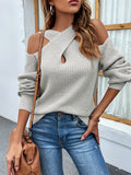 Criss Cross Solid Knit Sweater, Casual Cold Shoulder Long Sleeve Sweater, Women's Clothing