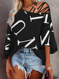 kkboxly  Letter Print T-shirt, Casual Slanted Shoulder Cut Out Summer T-shirt, Women's Clothing