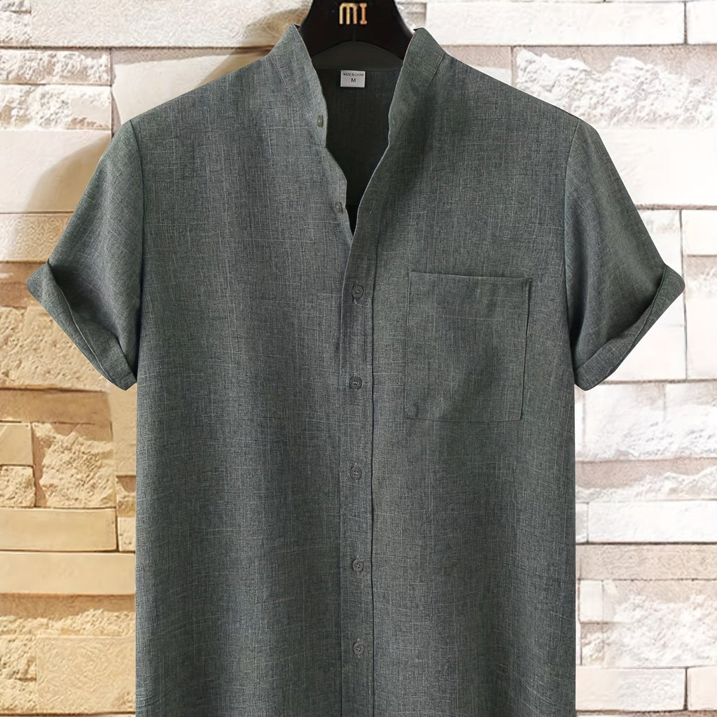 kkboxly  Casual Linen Men's Stand Collar Short Sleeve Shirt With Chest Pocket, Solid Color Men's Shirt For Summer Outdoor, Gift For Men