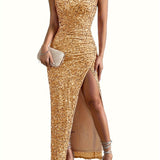kkboxly  Sequined One Shoulder Split Dress, Elegant Bodycon Dress For Party & Banquet, Women's Clothing