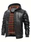 kkboxly  Men's Pu Leather Trendy Hooded Jacket, Windproof Warm Thermal Jacket For Autumn Winter