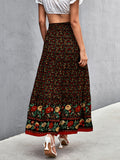 kkboxly  Boho Ditsy Floral Print High Waist Skirt, Boho Pleated Drawstring A Line Skirt, Women's Clothing