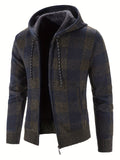 kkboxly  Men's Full Zip Up Casual Hooded Cardigan, Plaid Regular Fit Knit Sweater Jacket For Winter Fall