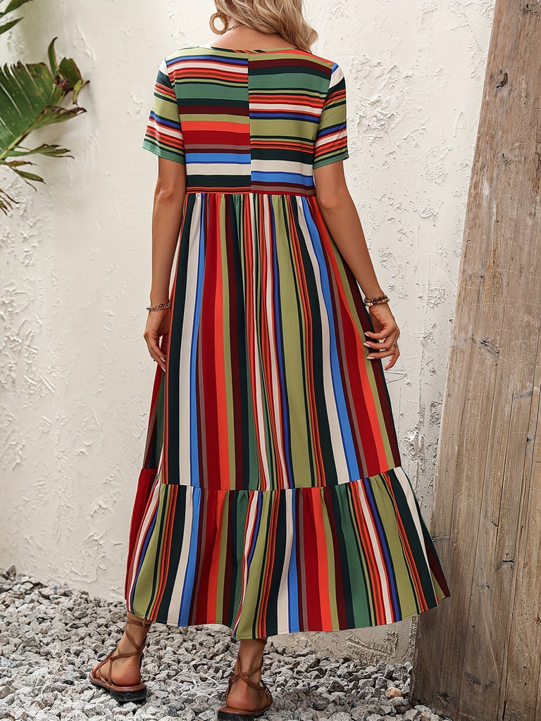 kkboxly  Colorblock Stripe Print Dress, Casual Short Sleeve Ruffles Hem Dress For Spring & Summer, Women's Clothing