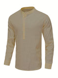 kkboxly  Classic Design Cotton Boat Neck Henley Shirt, Men's Casual Loose Fit Vintage Style Long Sleeve Henley Shirt For Spring Summer