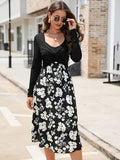 kkboxly  Floral Dress Long Sleeve High Waist A-Line Midi Dress, Casual Loose Dress, Women's Clothing