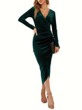 kkboxly  Long Sleeve Draped Dress, Elegant Surplice Neck Slim Dress, Women's Clothing