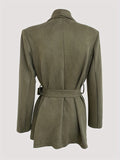 kkboxly  Solid Double Breasted Lapel Belted Blazer, Casual Long Sleeve Dual Pockets Blazer, Women's Clothing