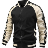 kkboxly  Men's Color Block Graphic Sports Jacket, Casual Striped Zip Up Varsity Jacket For Outdoor Fall Winter