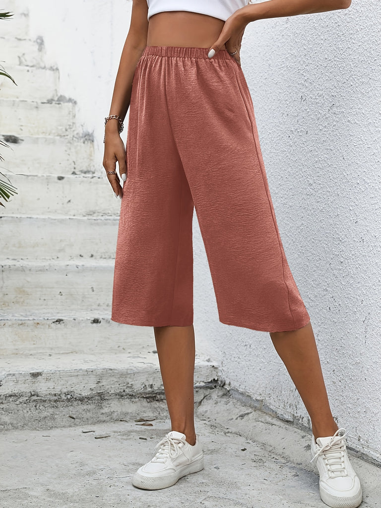 kkboxly  Minimalist Solid Wide Leg Capris, Casual Versatile High Waist Pants For Spring & Summer, Women's Clothing