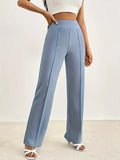 kkboxly  Solid Color Straight Leg Pintuck Pants, Casual High Waist Loose Pants, Women's Clothing