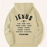 kkboxly  Men's Jesus Is My Everything Print Hoodie With Assorted Colors, Casual Slightly Stretch Drawstring Long Sleeves Hooded Sweatshirt, Men's Clothing