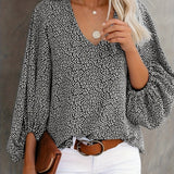 kkboxly  Floral Print Lantern Sleeve Blouse, Casual V Neck Long Sleeve Blouse For Spring & Fall, Women's Clothing
