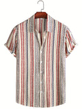 kkboxly  Vertical Stripes Men's Vintage Lapel Shirt For Spring Fall Outdoor, Casual Geometry Button Up Short Sleeve Graphic Novel Clothes