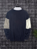 kkboxly  All Match Knitted Color Block Sweater, Men's Casual Warm Slightly Stretch Crew Neck Pullover Sweater For Fall Winter Varsity College Preppy Style