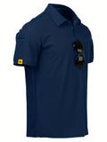 kkboxly  Men's Solid Polo Shirt, Athleisure Moisture Wicking Slightly Stretch Button Up Short Sleeve Clothing For Golf Sports Summer