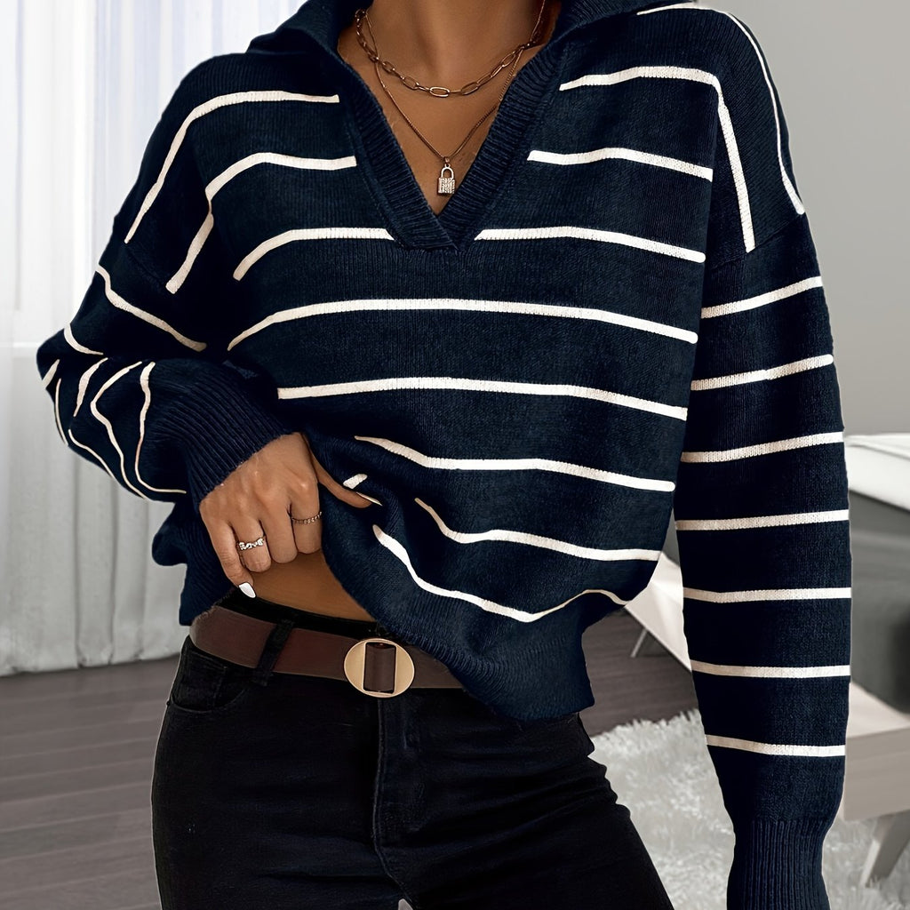 kkboxly  Striped Print Drop Shoulder Knit Sweater, Casual V Neck Long Sleeve Sweater, Women's Clothing