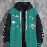 kkboxly Letter Print Varsity Jacket, Men's Casual Baseball Jacket Coat Regular Fit College Hipster Windbreaker For Spring Autumn