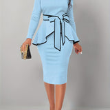 kkboxly Elegant Work Two-piece Set, Long Sleeve Keyhole Tops & Bag Hip Knee Length Skirts Outfits, Women's Clothing