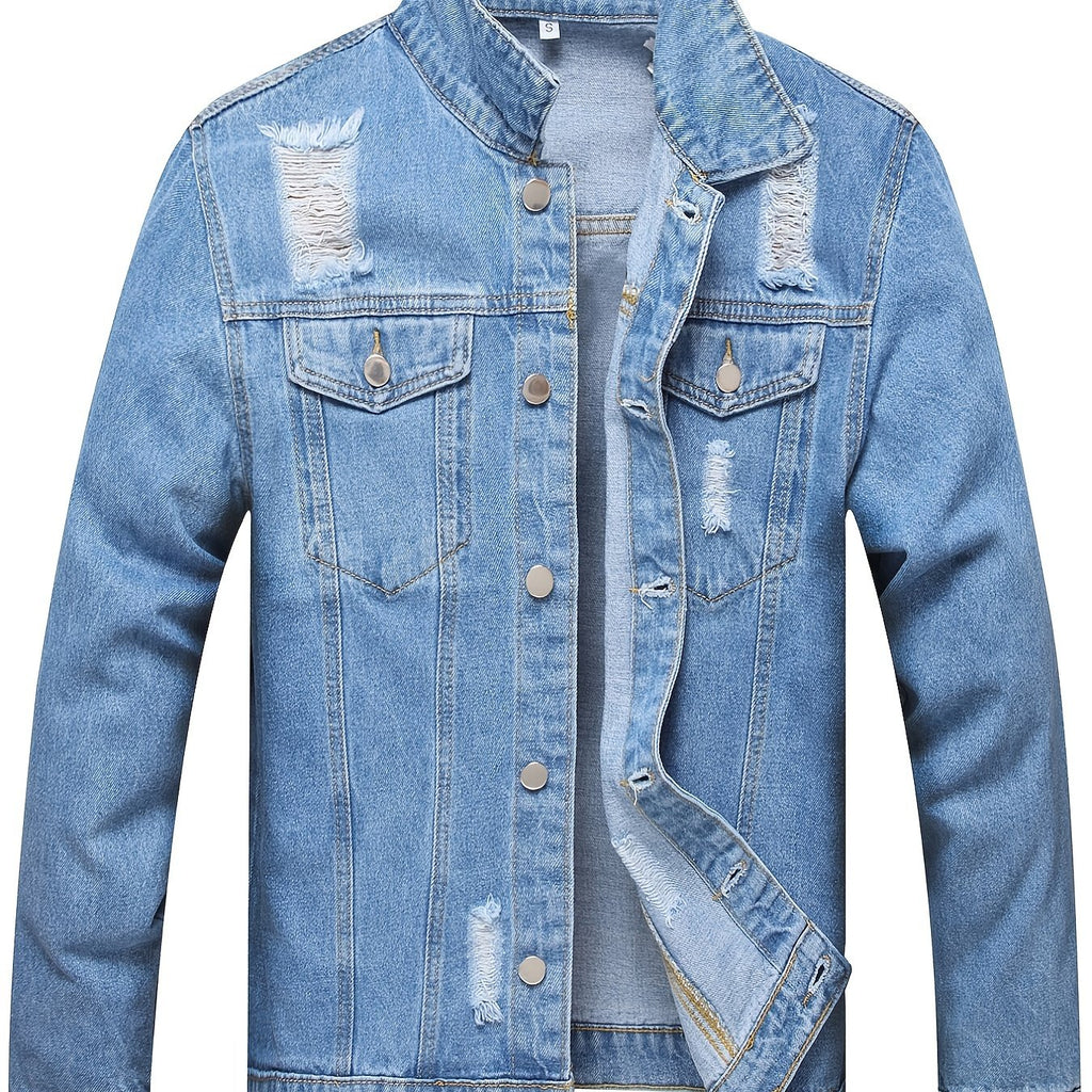 kkboxly  Men's Denim Jacket Washed Classic Casual Distressed Ripped Slim Fit Jacket Gifts