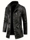 realaiot  Men's Cool PU Leather Jacket, Casual Street Style Stand Collar Overcoat With Zipper Pockets