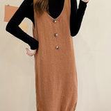 kkboxly  Solid Button Decor V Neck Knitted Dress, Elegant Sleeveless Tank Dress For Fall & Winter, Women's Clothing