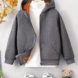kkboxly  Boys Casual Textured Non Stretch Hooded Fleece Lining Zip Up Jacket, Kids Clothing For Spring Fall