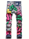 kkboxly  Men's Skull Jeans Distressed Punk Denim Pants Graffiti Print Slim Hip Hop Ripped Jeans