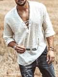 kkboxly  Men's Retro Shirt Top V Neck Lace Up Collar Middle Sleeves Closure Regular Fit Male Casual Shirt For Daily Beach Resorts Summer