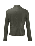 kkboxly  Solid Zipper Front Faux Leather Crop Jacket, Casual Long Sleeve Lightweight Jacket For Fall & Spring, Women's Clothing