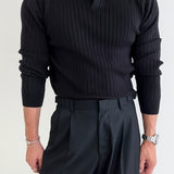 kkboxly  Solid Chic Knit Shirt, Men's Casual Lapel Slightly Stretch V-Neck Pullover Sweater For Autumn Winter