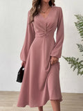 kkboxly  Twist Front Lantern Sleeve Dress, Chic V Neck A-line Dress For Spring & Fall, Women's Clothing
